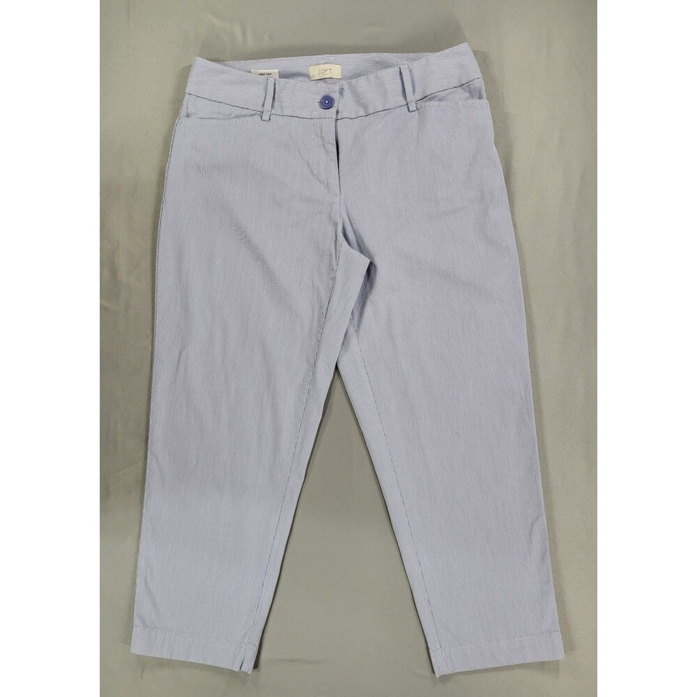 LOFT Outlet Curvy Crop Seersucker Striped Pants Women's Size 6 Blue White